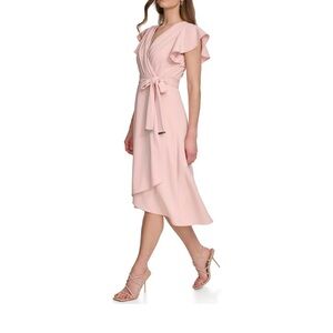 New DKNY Flutter Sleeve Fit & Flare Midi Dress Pink 
Sz 14